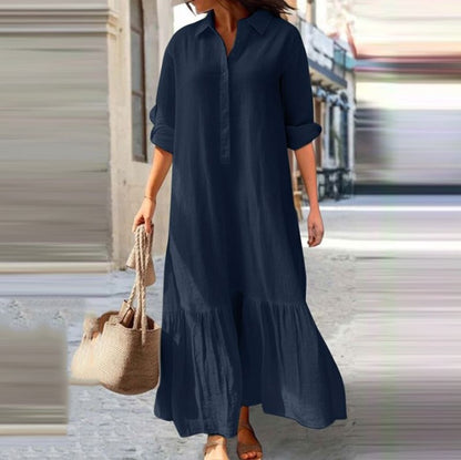Linen Ruffle Hem Maxi Shirt Dress
