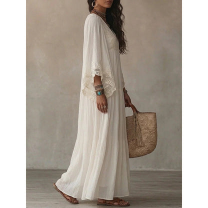 Lace Trim V-Neck Bell Sleeve Tiered Flowy Boho Maxi Dress