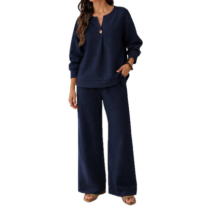Fashion Loose Long-Sleeved Tops Wide-Leg Pants Casual Two-Piece Set For Women