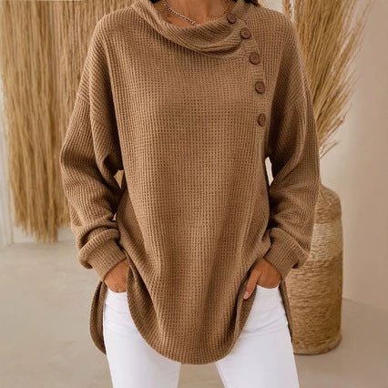 Waffle Knit Cowl Neck Top – Soft Textured Long Sleeve Tunic