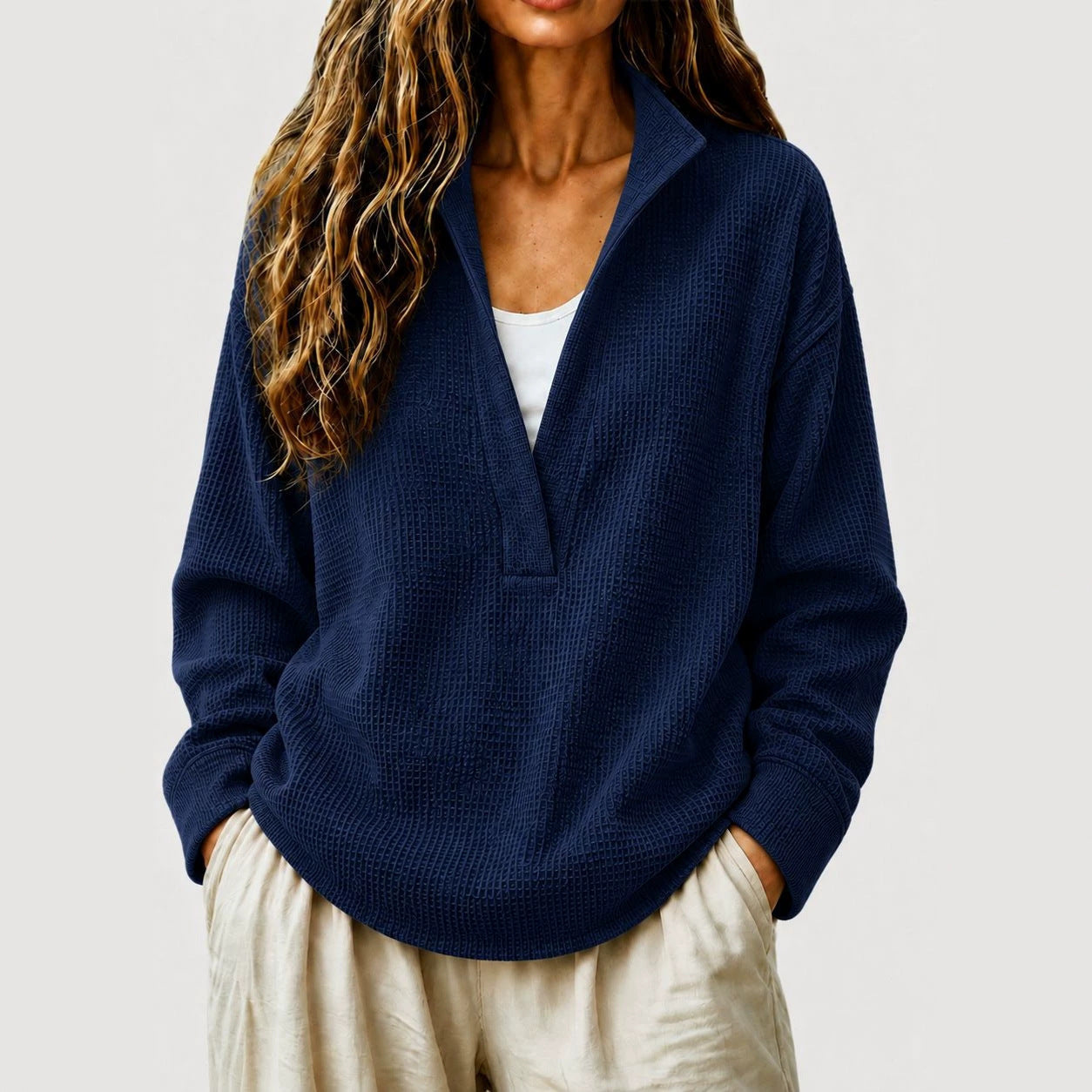 Waffle Textured Half Zip Stand Collar Long Sleeve Top