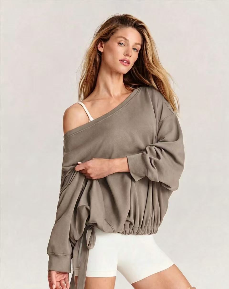 Off Shoulder Drawstring Hem Oversized Sweatshirt