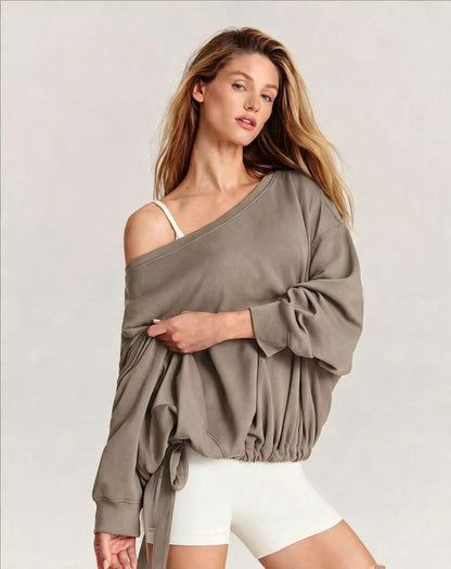Off Shoulder Drawstring Hem Oversized Sweatshirt