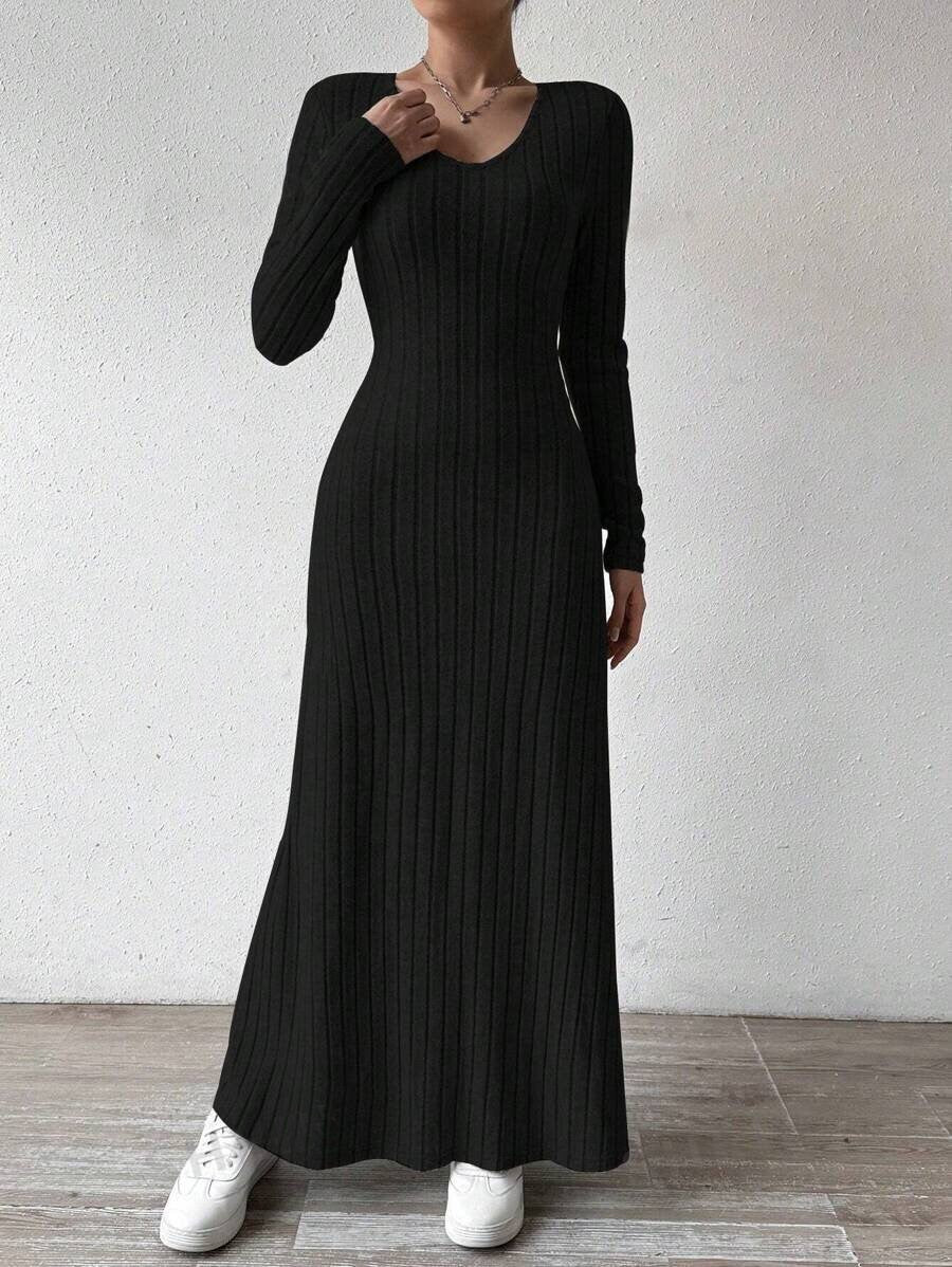 V-Neck Vertical Ribbed Knit Long Sleeve A-Line Maxi Dress