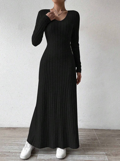 V-Neck Vertical Ribbed Knit Long Sleeve A-Line Maxi Dress