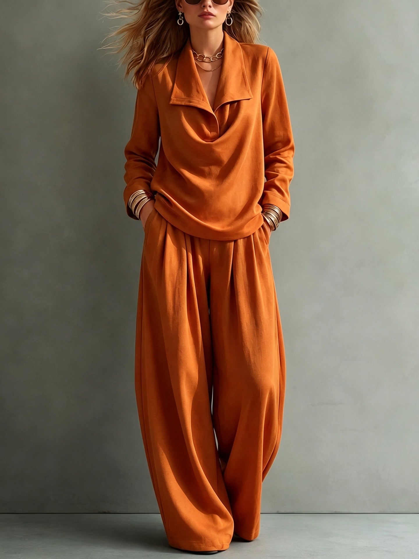 Draped Lapel Casual Matching Two Piece Set