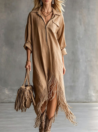 Half Zip Fringe Hem Boho Shirt Dress