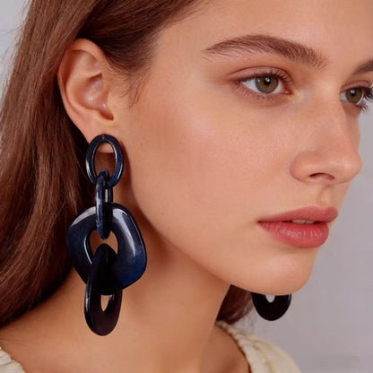 Marbled Resin Interlocked Chain Drop Earrings Oversized Chunky Link Statement Dangle Earrings - Navy Blue