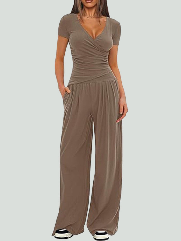 Women Solid Wrap V Neck Ruched Long Sleeve Top Elastic High Waist Pocket Wide Leg Casual Loungewear Co-ord Set