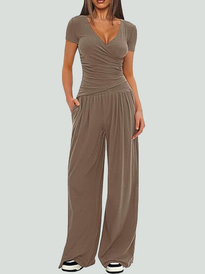 Women Solid Wrap V Neck Ruched Long Sleeve Top Elastic High Waist Pocket Wide Leg Casual Loungewear Co-ord Set
