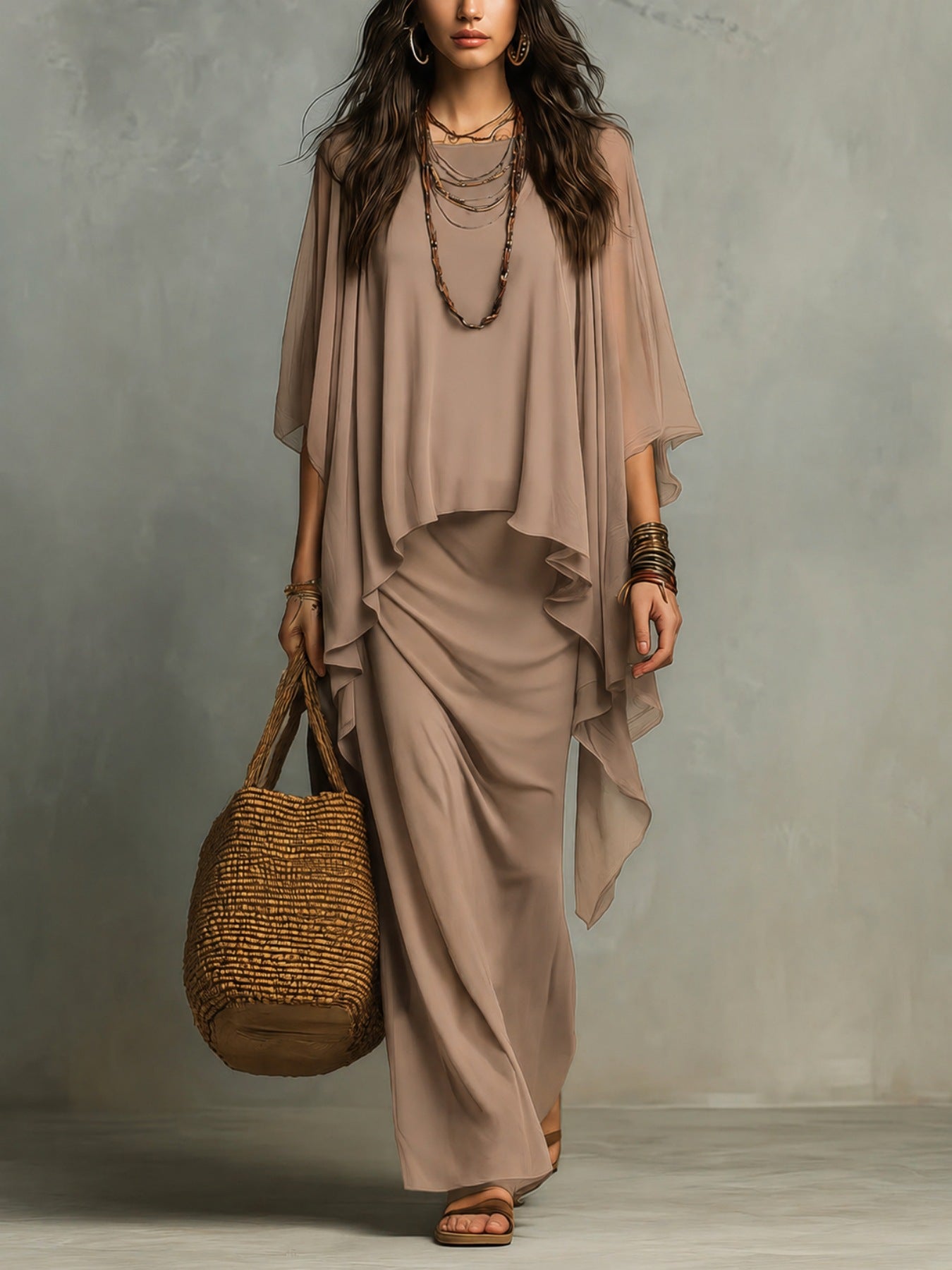 Flowy Linen Blend Poncho Top & Skirt Set