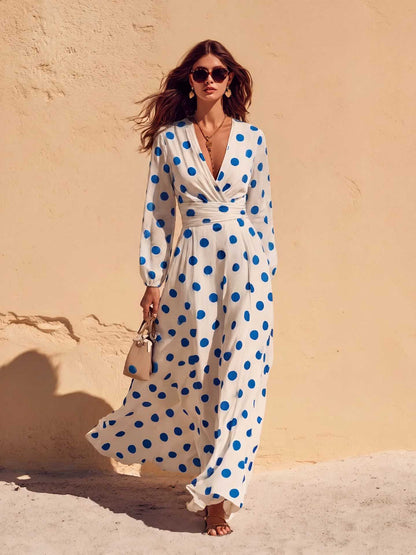 Polka Dot Wrap V-Neck Long Sleeve Maxi Dress