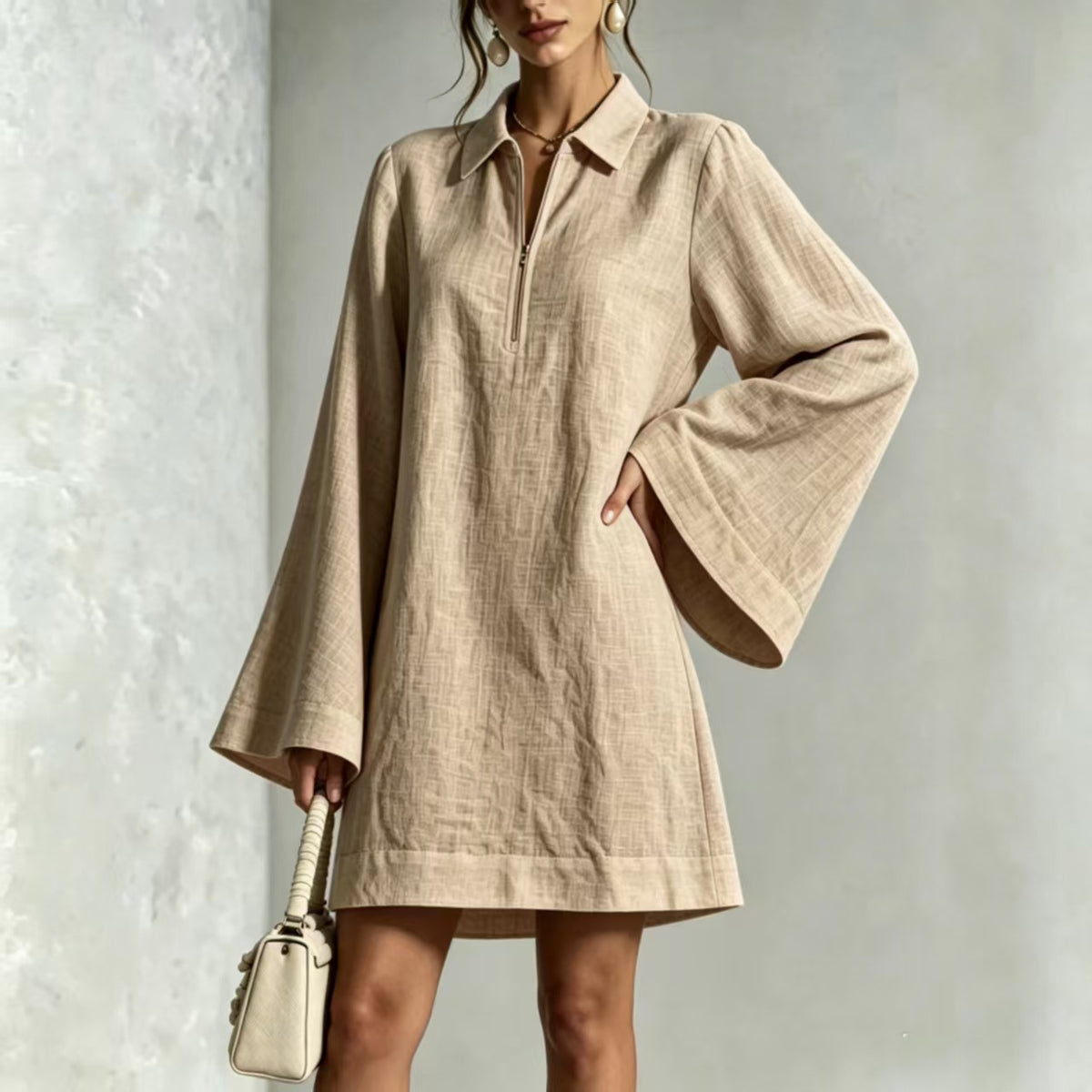 Collared Half Zip Bell Long Sleeve Linen Blend Mini Shirt Dress