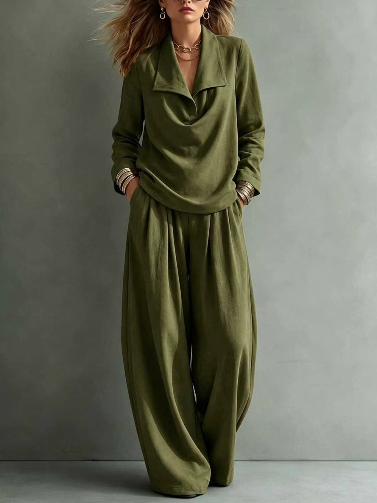 Draped Lapel Casual Matching Two Piece Set