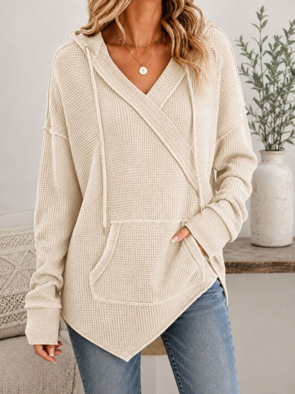 Women's Waffle Knit Surplice V Neck Long Sleeve Hooded Top with Pocket