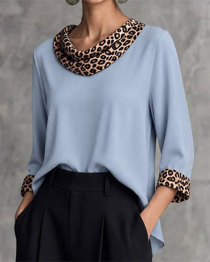 Vintage Elegant Leopard Print Patchwork Velvet Turtleneck Shirt