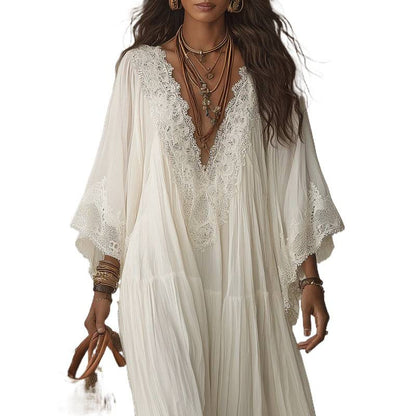 Lace Trim V-Neck Bell Sleeve Tiered Flowy Boho Maxi Dress