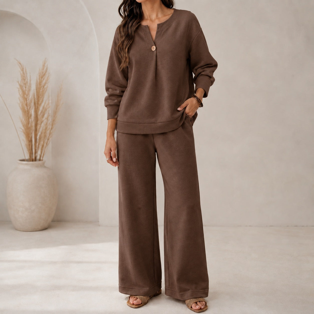 Fashion Loose Long-Sleeved Tops Wide-Leg Pants Casual Two-Piece Set For Women