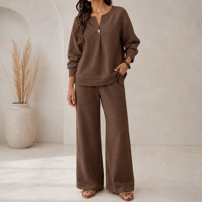Fashion Loose Long-Sleeved Tops Wide-Leg Pants Casual Two-Piece Set For Women