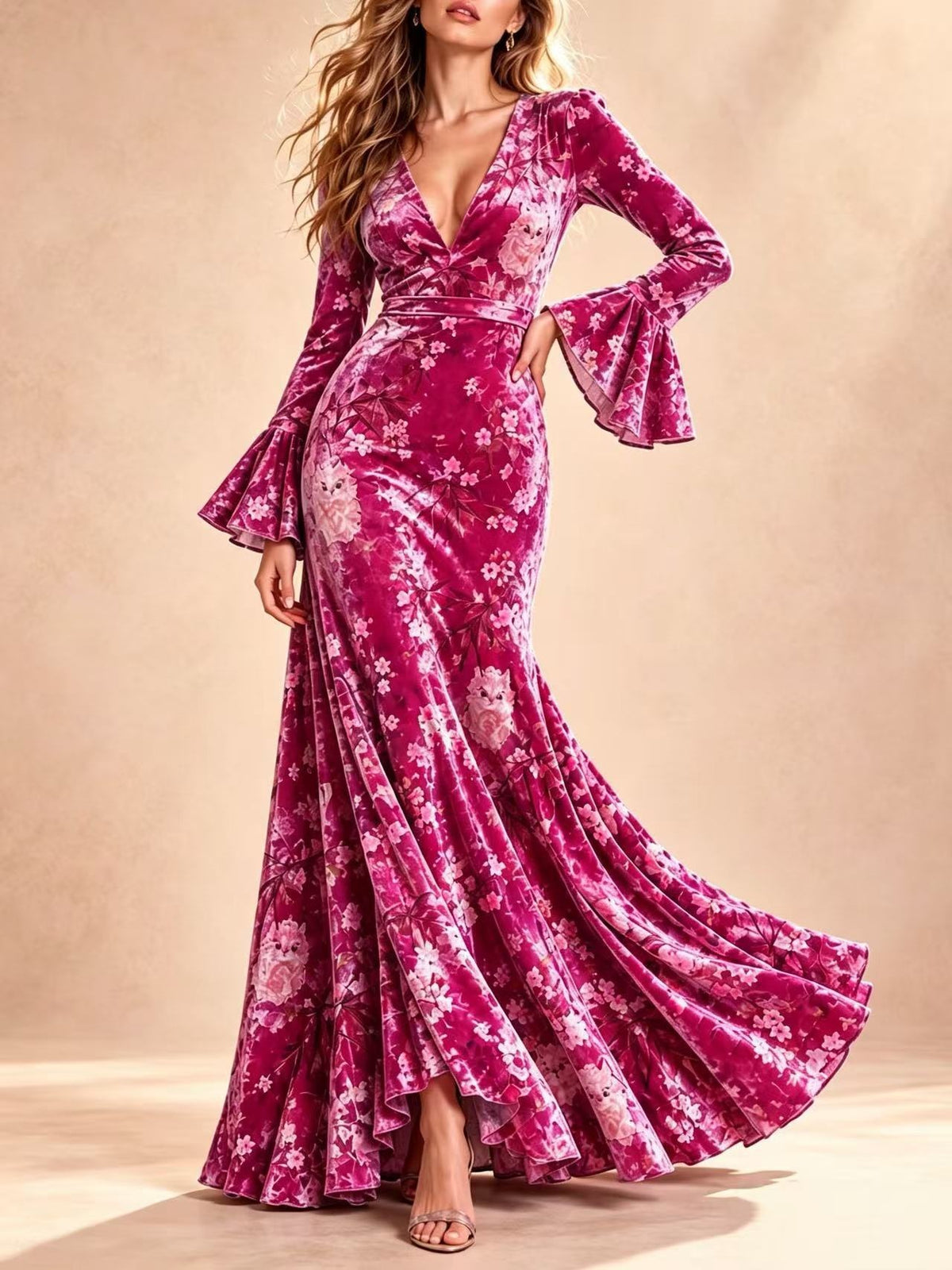 Floral Print V-Neck Bell Sleeve Maxi Dress