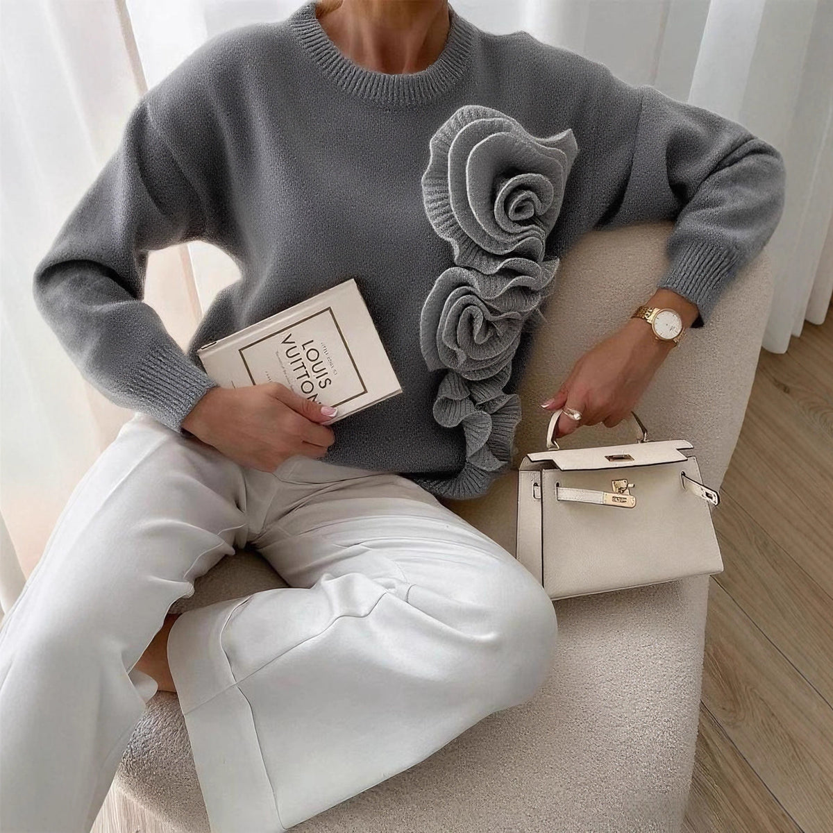 Pattern Round Neck Long Sleeve Sweater