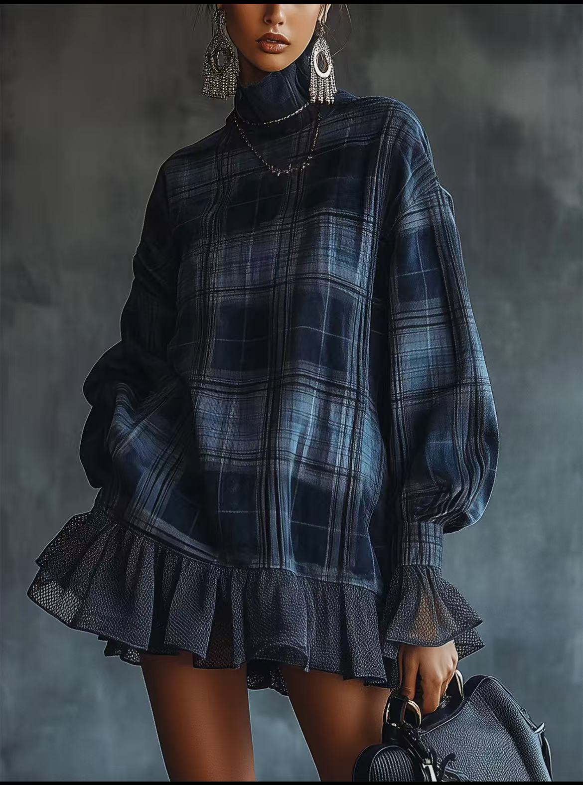 Women's Turtleneck Plaid Long Sleeve Ruffle Hem Tunic Dress