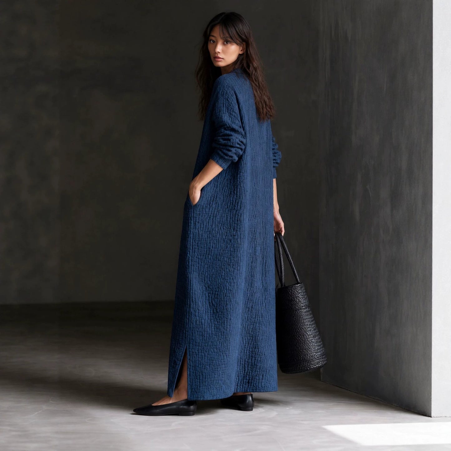 Casual Side Slit Long Sleeve Maxi Dress