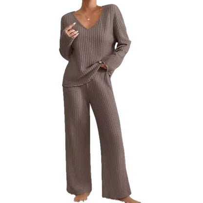 Women Solid V Neck Vertical Ribbed Knit Long Sleeve Relaxed Top Elastic Waist Wide Leg Casual Loungewear Co-ord Set