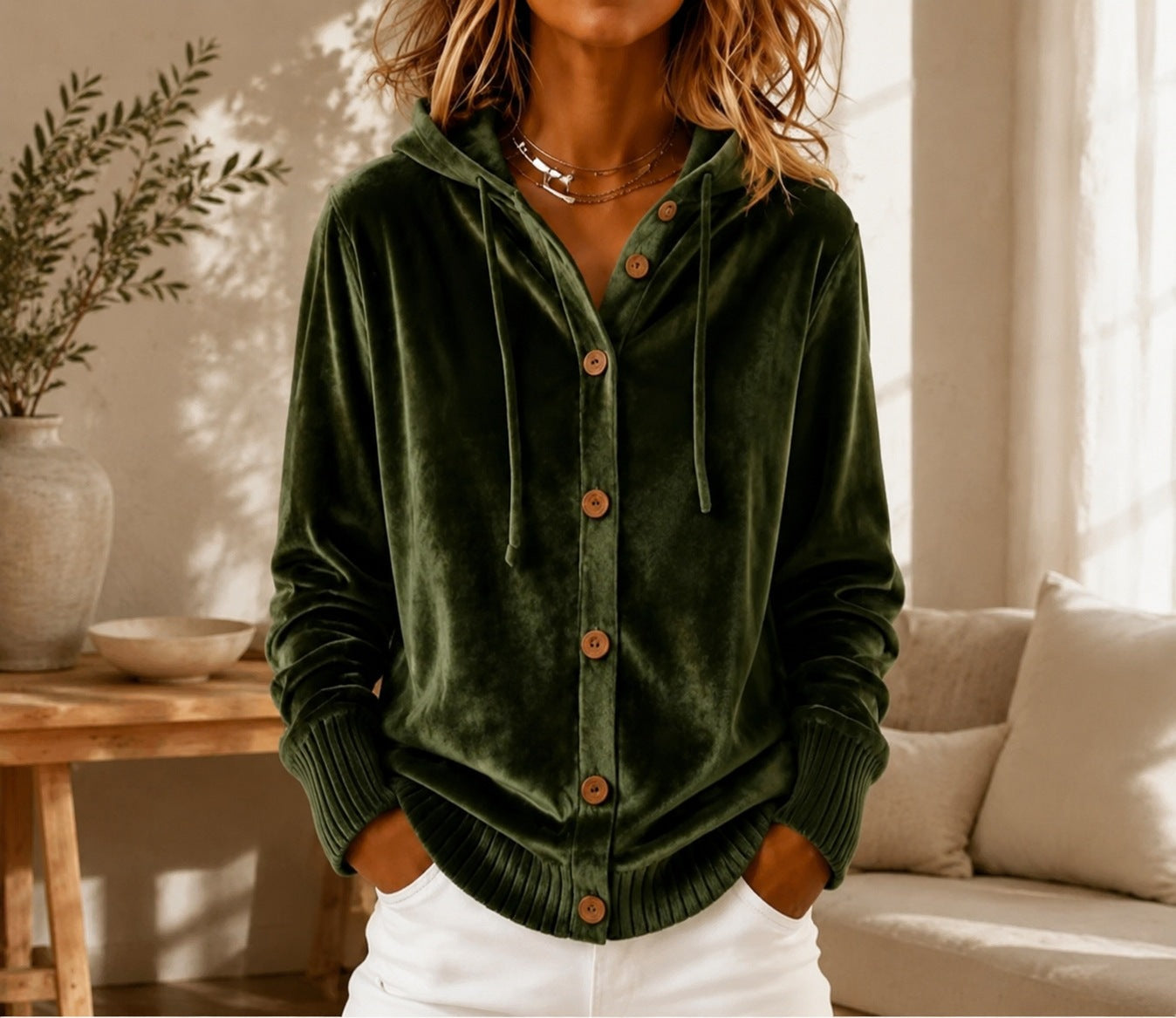 Velvet Hooded Button Front Rib Cuff Cardigan