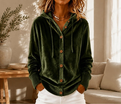 Velvet Hooded Button Front Rib Cuff Cardigan