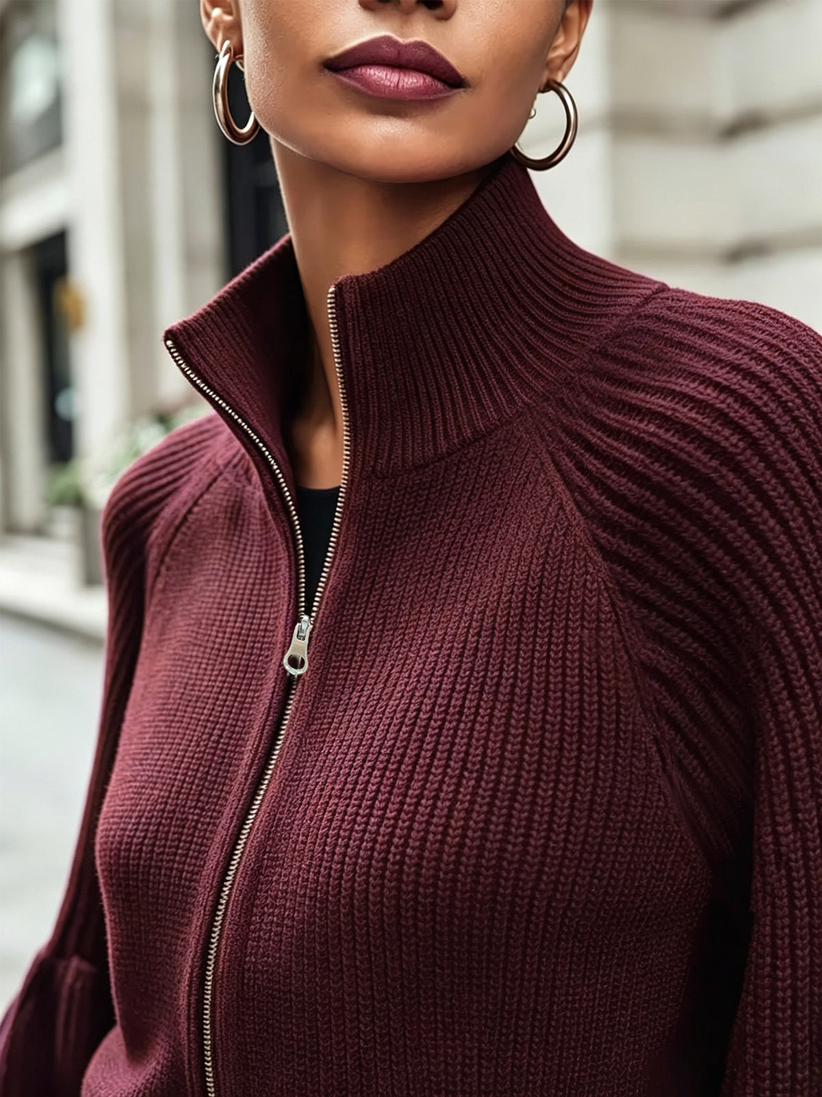 Burgundy Ribbed Knit Zip‑Up Balloon Sleeve Cropped Cardigan