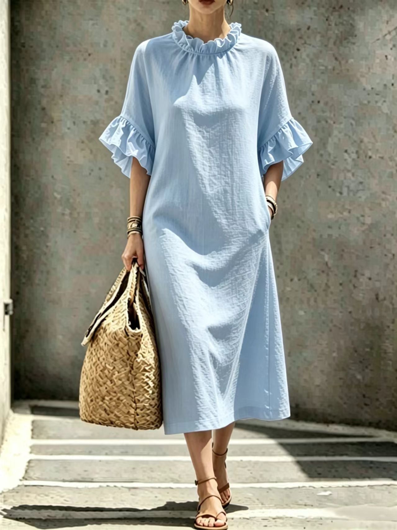 Textured Linen Ruffle Neck Flounce Sleeve Midi Shift Dress