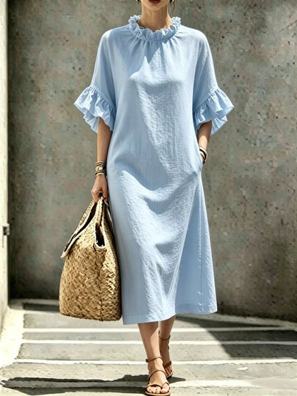 Textured Linen Ruffle Neck Flounce Sleeve Midi Shift Dress