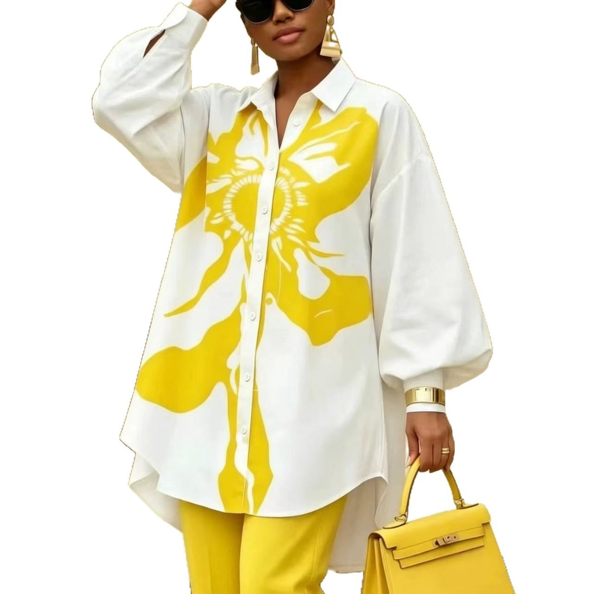 Abstract Print Balloon Sleeve Shirt – Oversized Button-Down