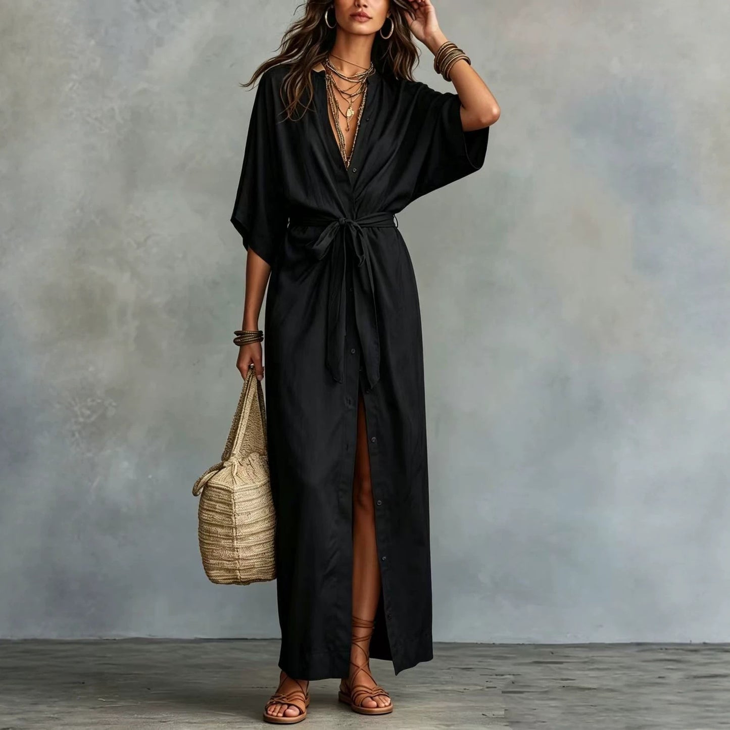 Tie Waist Split Maxi Shirt Dress