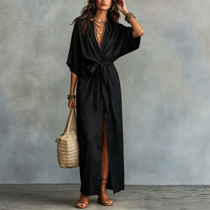 Tie Waist Split Maxi Shirt Dress