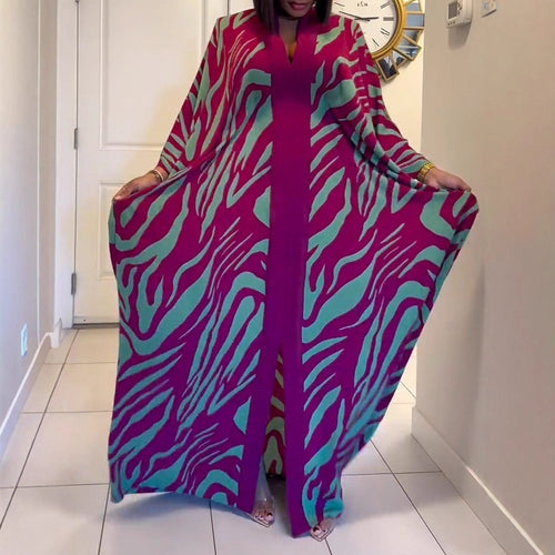 Women's Abstract Zebra Print Batwing Sleeve Maxi Caftan