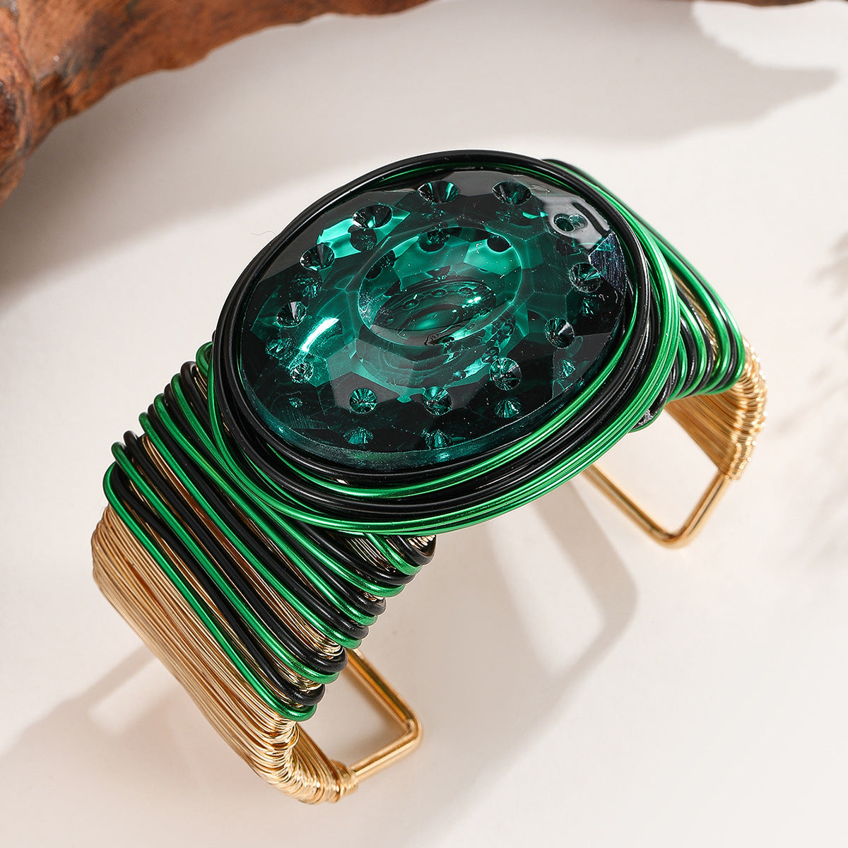 Large Wire Wrapped Crystal Bracelet Bangle with Aluminum Wire for Women Career Functions - Green