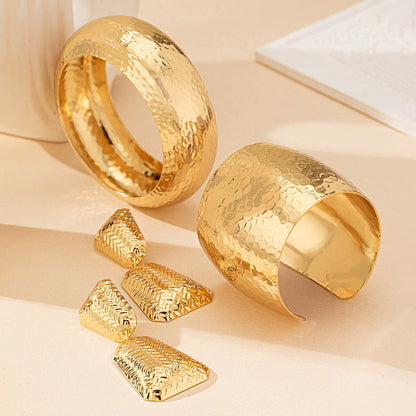 Hammered Textured Gold Jewelry 3-Piece Set | Drop Earrings + Wide Cuff Bangle + Dome Bracelet - T493