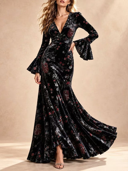 Floral Print V-Neck Bell Sleeve Maxi Dress