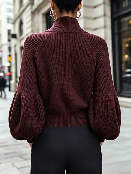 Burgundy Ribbed Knit Zip‑Up Balloon Sleeve Cropped Cardigan
