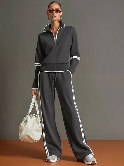 Casual Sports Suit Contrasting Color Stand-Up Collar Sweatshirt Wide-Leg Pants Suit