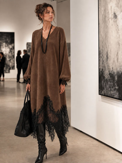 V‑Neck Lantern Sleeve Lace Trim Midi Knit Dress