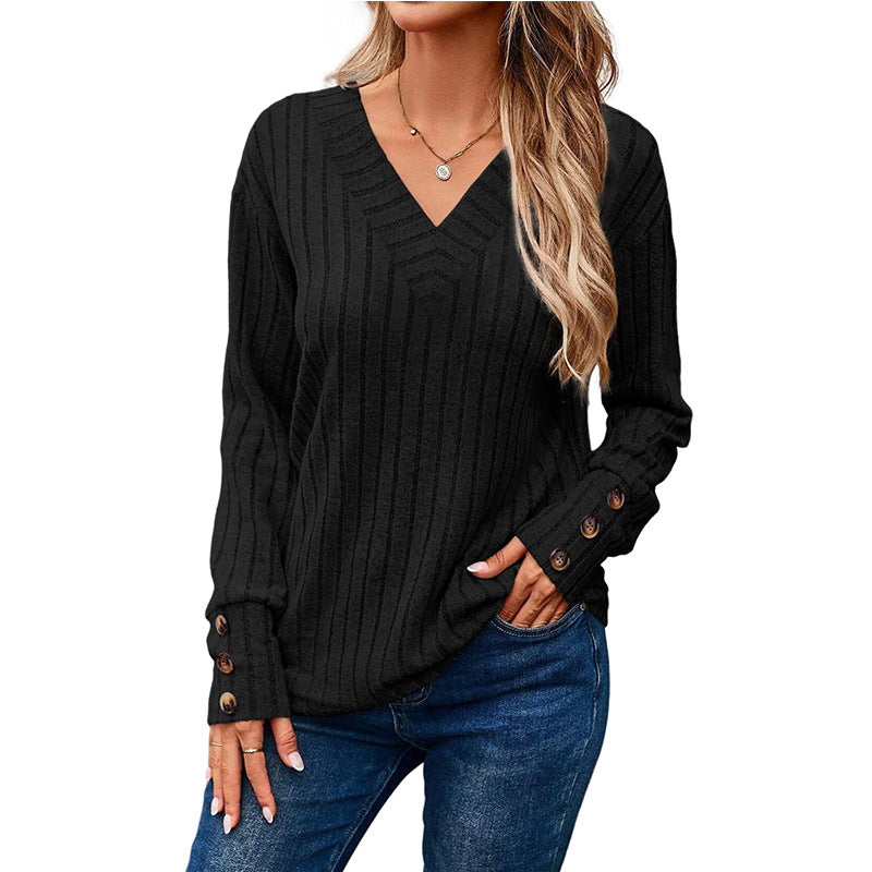 Ribbed Knit V-Neck Button Cuff Top