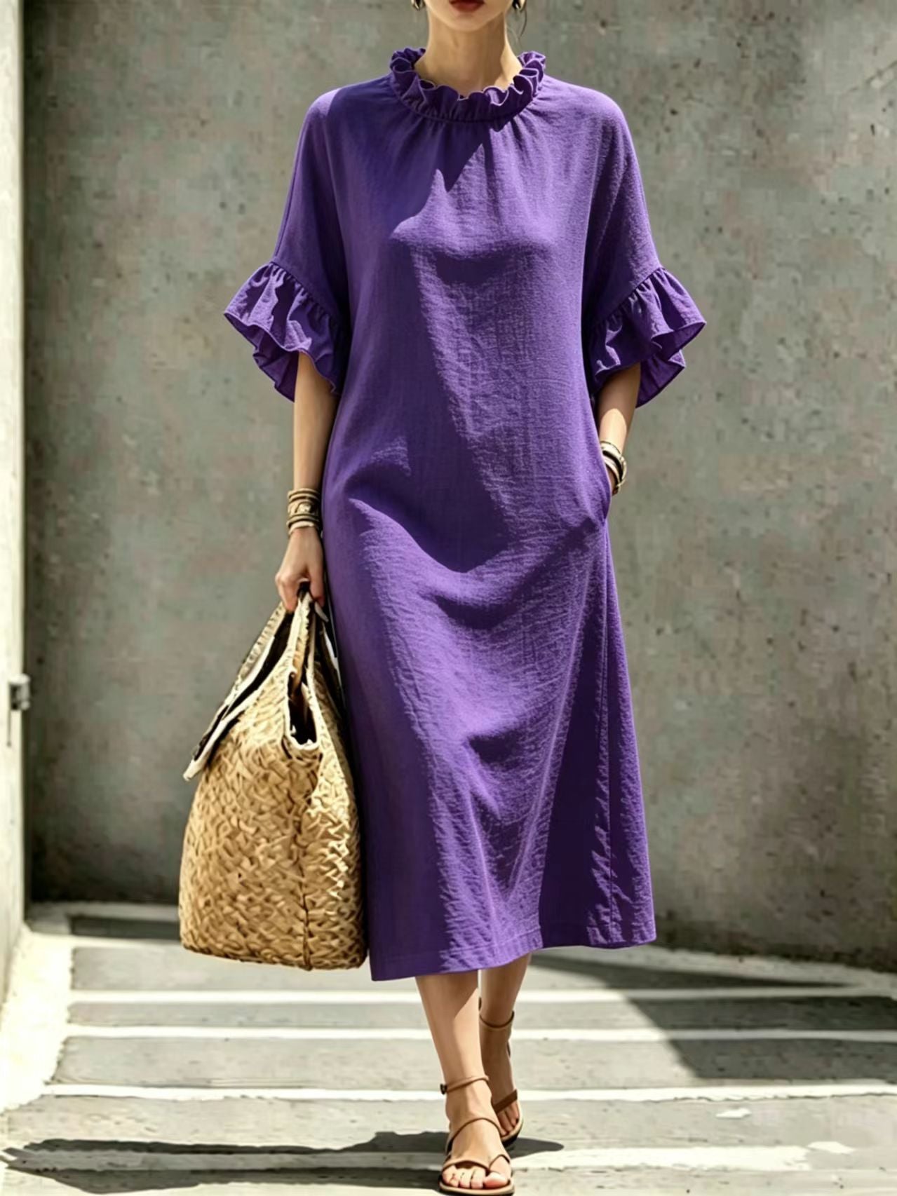 Textured Linen Ruffle Neck Flounce Sleeve Midi Shift Dress