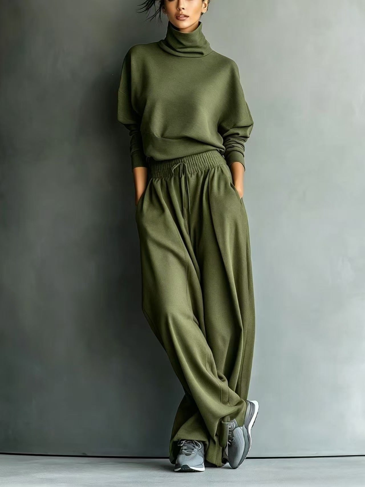 Turtleneck Oversized Knit Top & High Waist Wide Leg Pants Loungewear Set