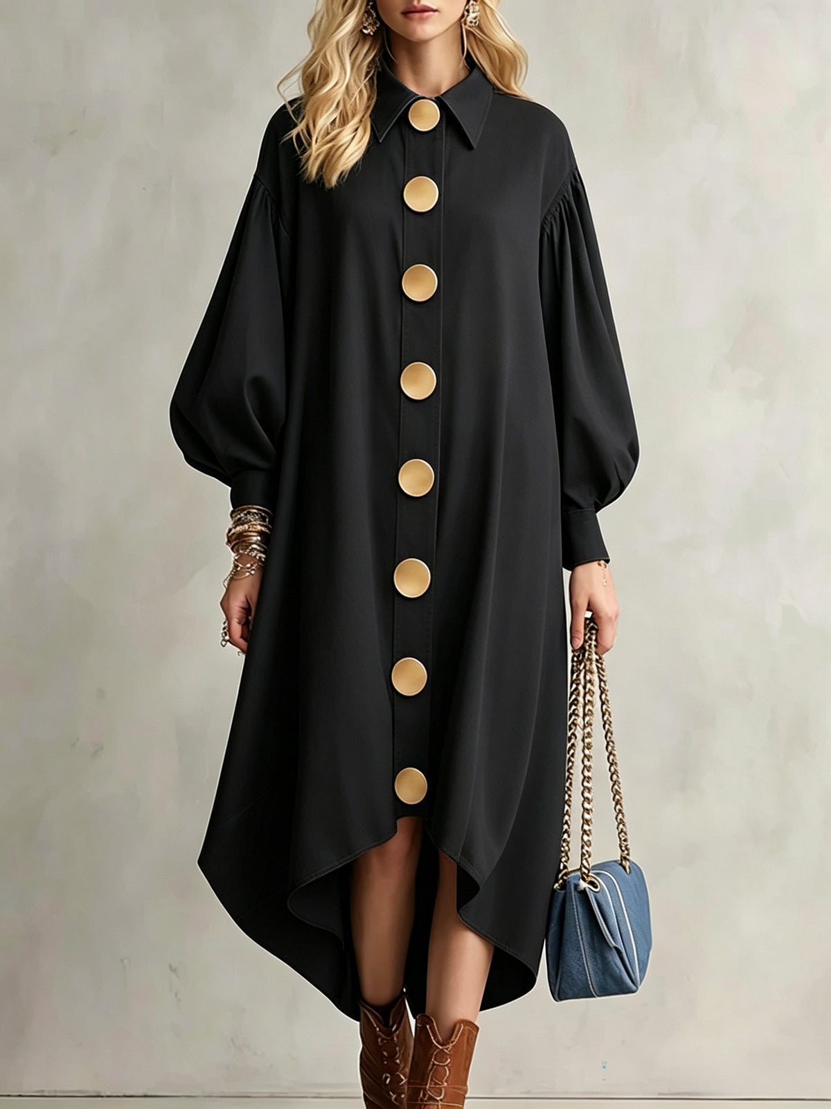 Balloon Sleeve Shirt Dress with Asymmetrical Hem