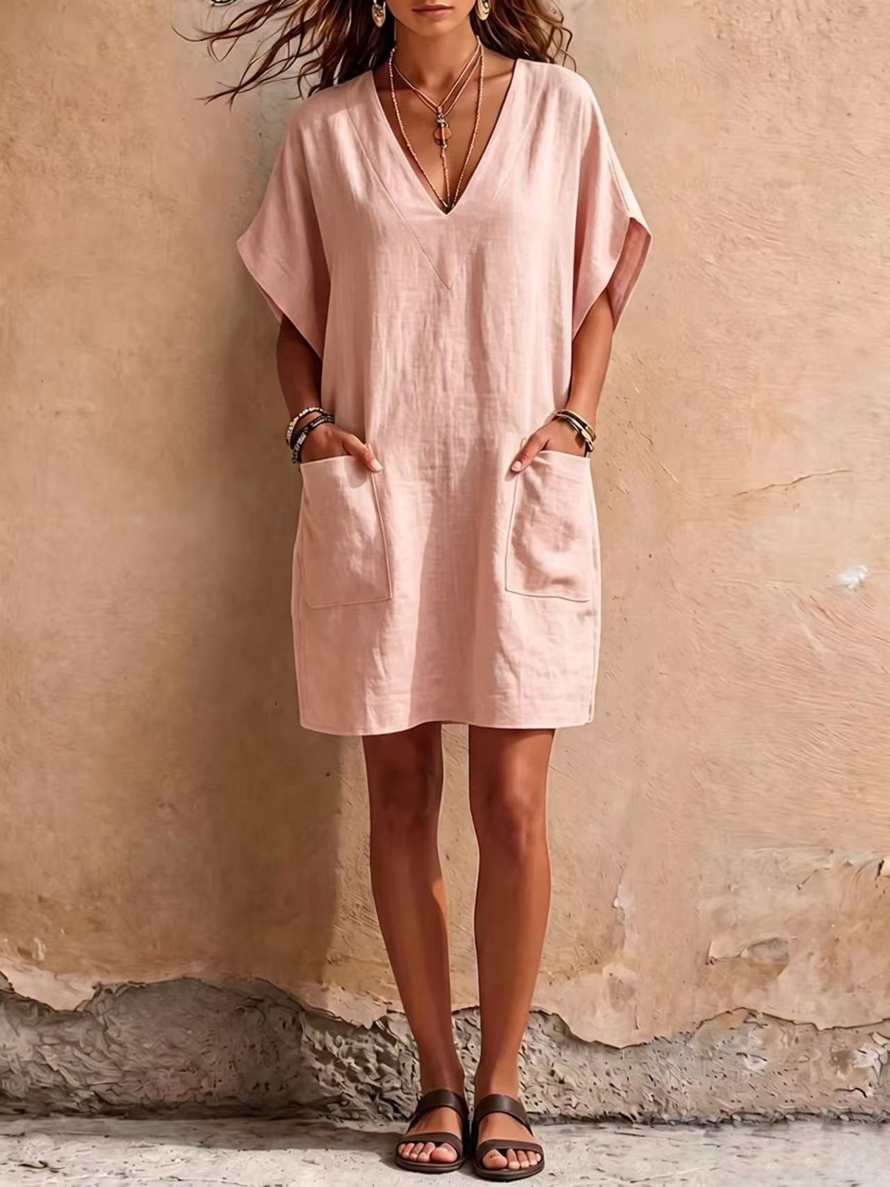 Relaxed V-Neck Linen Mini Dress with Pockets
