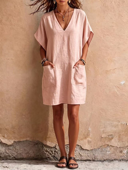 Relaxed V-Neck Linen Mini Dress with Pockets