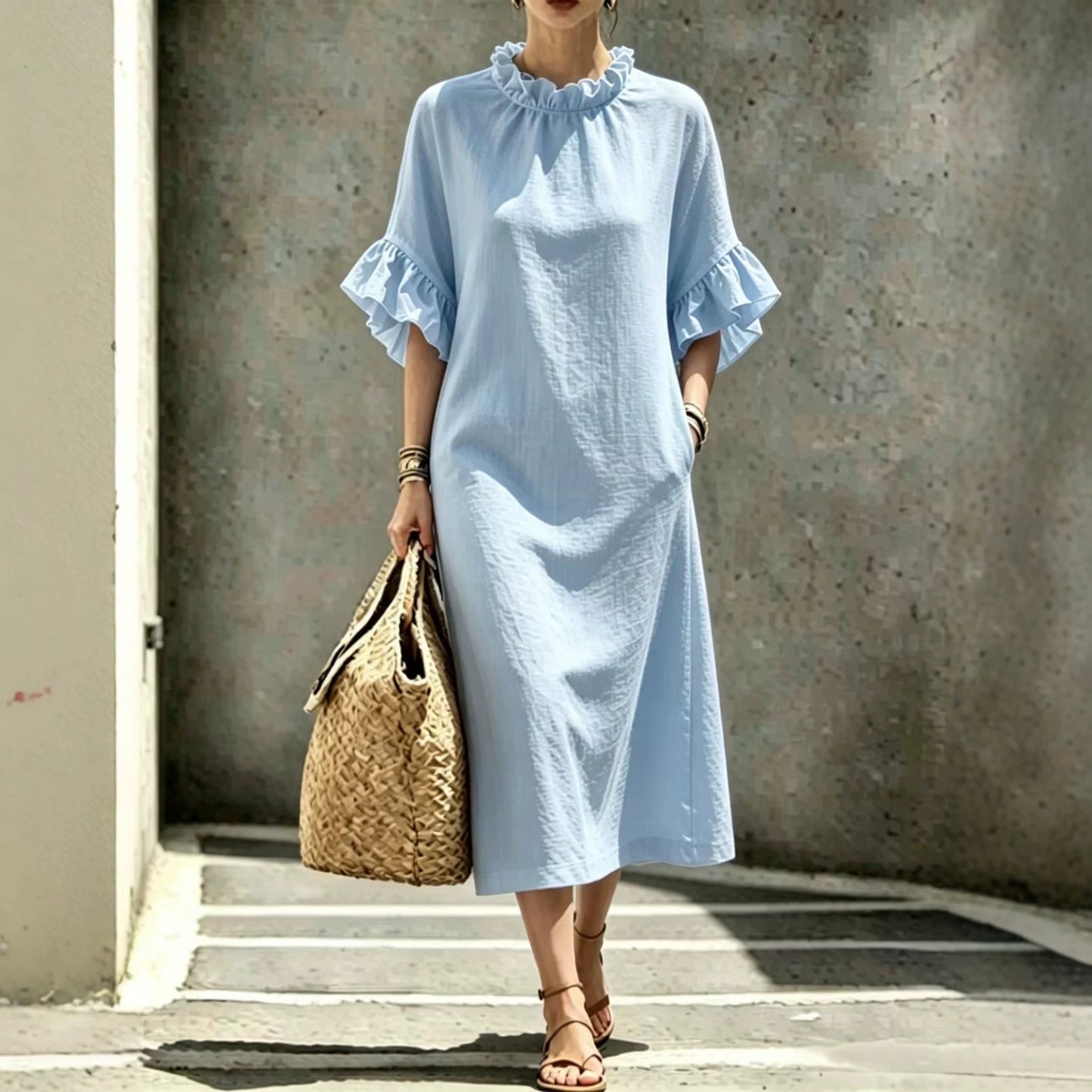 Textured Linen Ruffle Neck Flounce Sleeve Midi Shift Dress